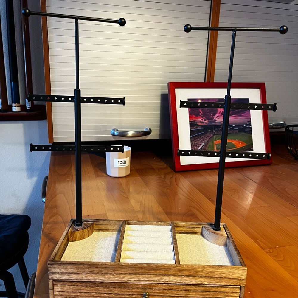 Wooden Jewelry Organizer with Black Metal Stand & Drawer